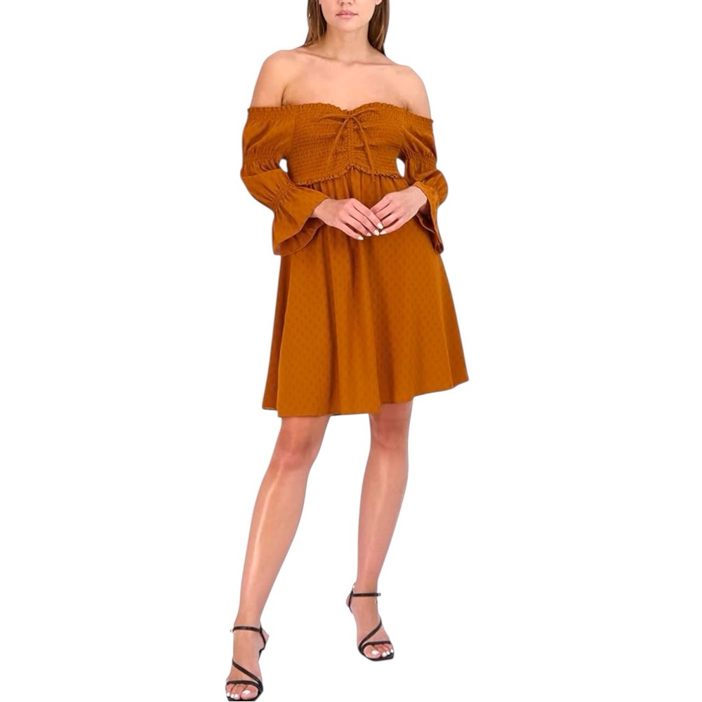 NWT BCBGeneration Womens Off Shoulder Flare Bubble Sleeve Smocked Bodice Dress